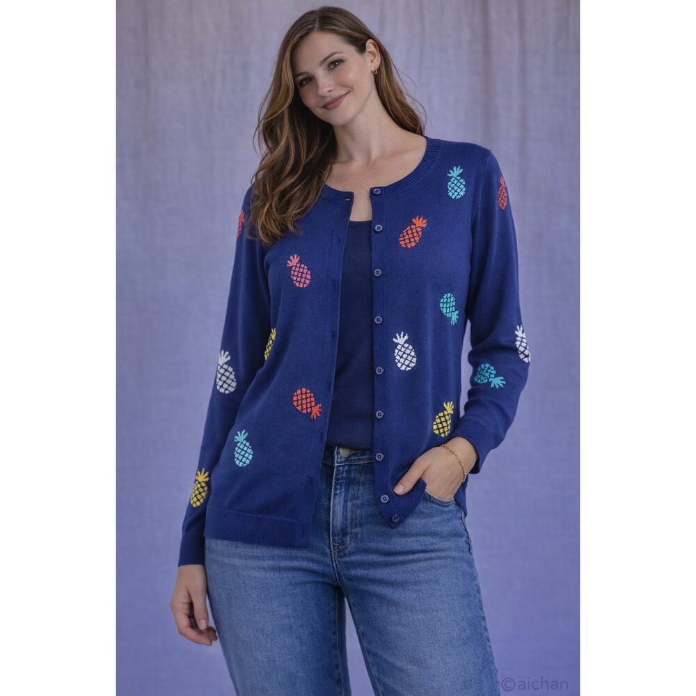 Talbots Pineapple Print Cardigan Sweater Med Blue Cotton Blend Button Front Prep